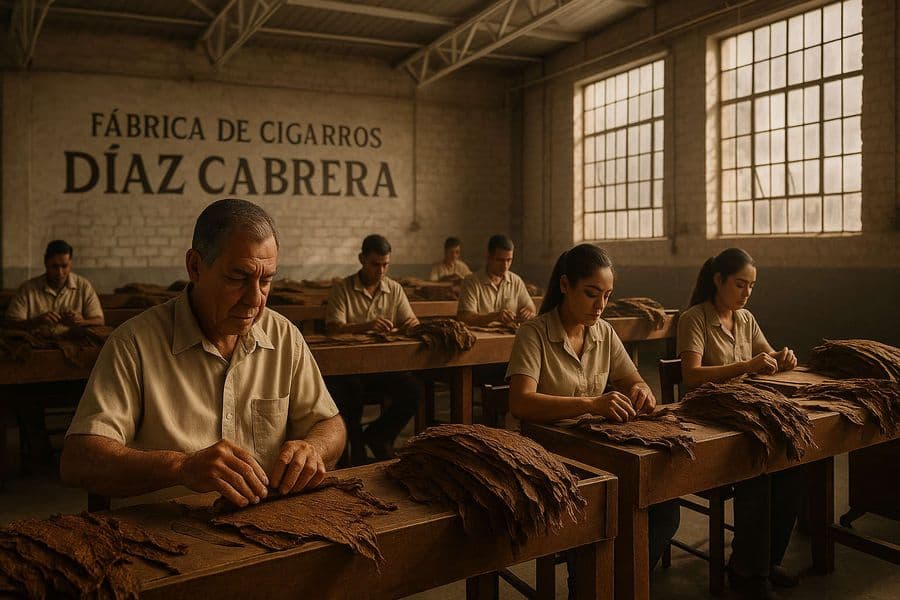 Artisans hand-rolling cigars inside the Díaz Cabrera Cigar Factory in Santiago, Dominican Republic, illuminated by warm natural light and showcasing the precision of Dominican craftsmanship